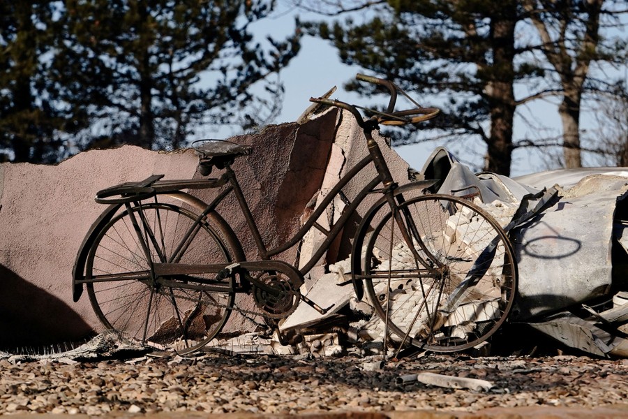 The burned remains of a bicycle