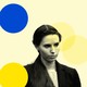 Rachael Denhollander is featured on a yellow background with five red, blue, and yellow circles spaced randomly around her