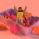 Cartoon girl sitting in a pile of hearts, inside the shell of a smartphone.