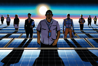 An illustration of lined solar panels with people standing in between.