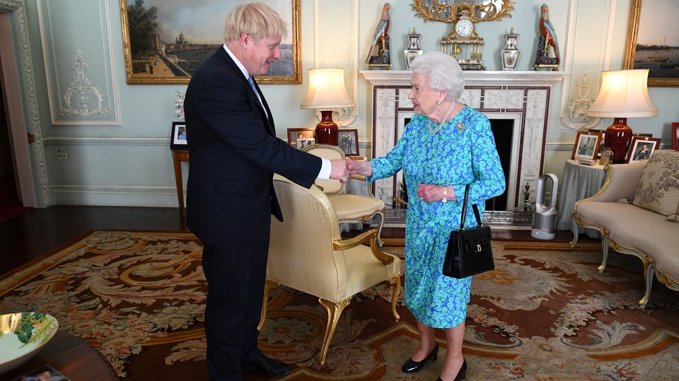 Boris Johnson shakes hands with Queen Elizabeth II in Buckingham Palace.