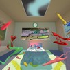A bedroom with fuzzed out clocks and maps and squiggles zooming around