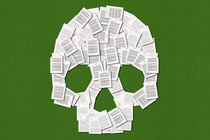 An illustration of printed essays arranged to look like a skull