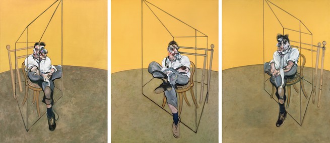 3 panel painting of a man in a room at different angles sitting on a chair in front of yellow wall