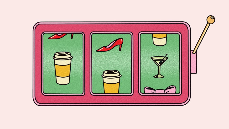 An illustration of a slot machine where the icons are coffee, stilettos, and a martini