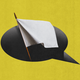 An illustration showing white flag waved from a speech bubble-shaped hole.