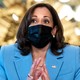 Bust photo of Kamala Harris wearing a light blue suit and a black surgical mask over a blurred background.