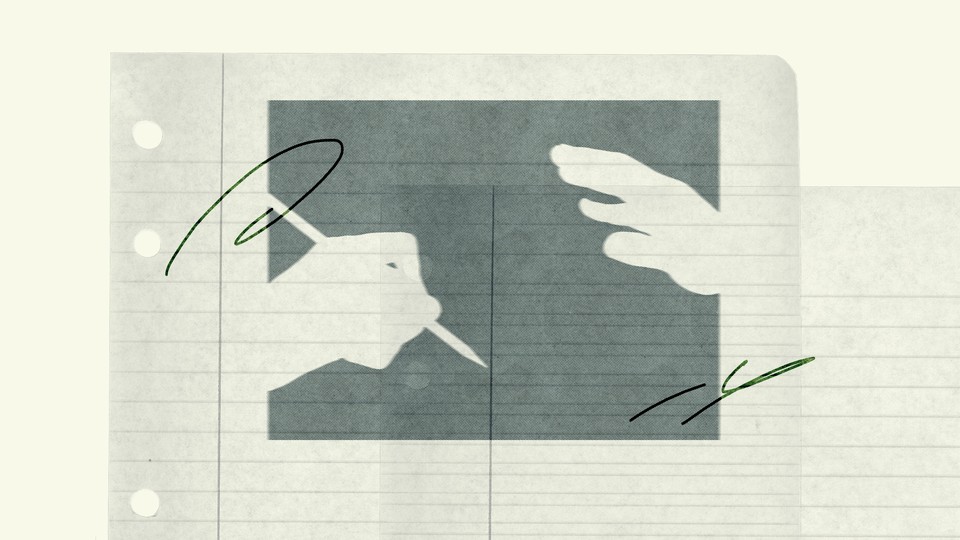 Sketch illustration of a hand writing in pencil on lined paper, with another hand guiding it from above