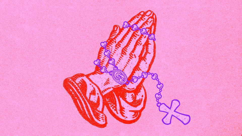 Illustration of praying hands and a rosary
