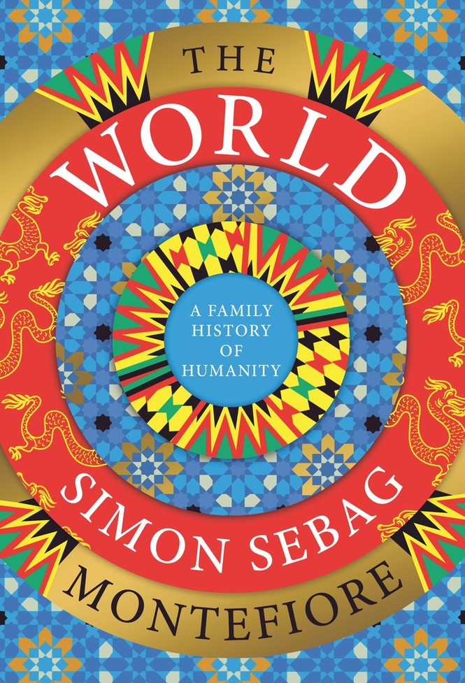 Cover of the book, “The World: A Family History of Humanity.” The cover features gold, red, and yellow rings encircling one another with a blue mosaic-patterned backdrop.
