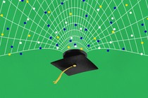 An upside-down graduation cap with a lattice-like web coming out of it against a green background