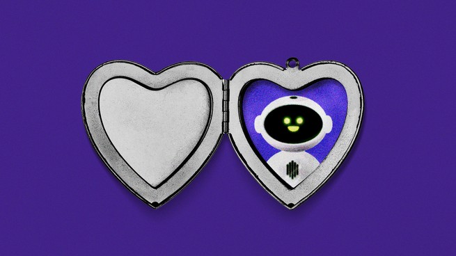 A silver heart-shaped locket is open to reveal the image of a robot inside. The silver locket is set against a deep-purple background.