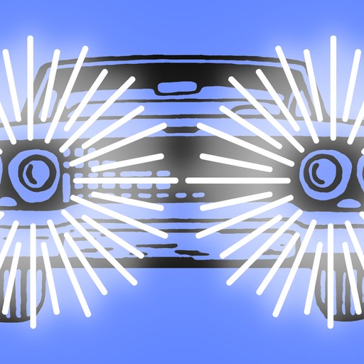 An illustration of a car with bright headlights.