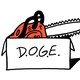A box with DOGE written on it, with a chainsaw inside