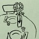 illustration with drawing of round table with two place settings and large flower on green background