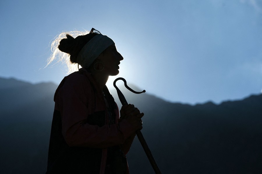 A person stands, holding a shepherd's crook, with mountains in the background.