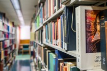 A shelf of library books