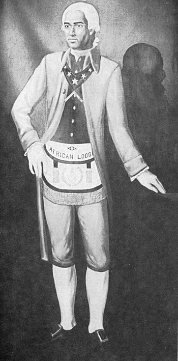 black-and-white engraving or man with powdered wig wearing coat, vest, breeches, an apron with the words African Legion, and a kerchief around neck with white stars