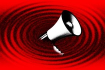 A graphic illustration of a warning siren drownin in a body of water washed red.