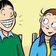 A cartoon drawing of a girl looking at a boy with braces.