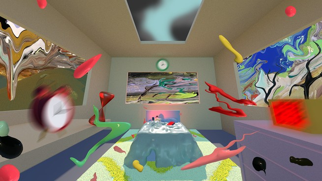 A bedroom with fuzzed out clocks and maps and squiggles zooming around