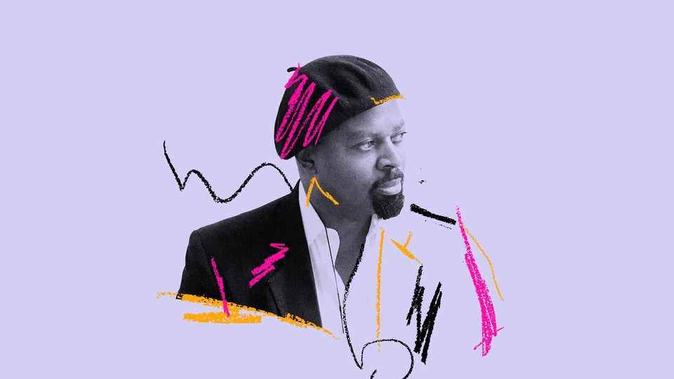 A black-and-white image of Ben Okri set on a lavender purple background, with illustrated hot pink, dark yellow, and black squiggles surrounding his portrait.
