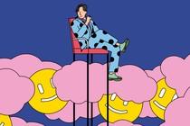 A man in a suit sits in a tall chair above clouds and a crowd of smiley faces.