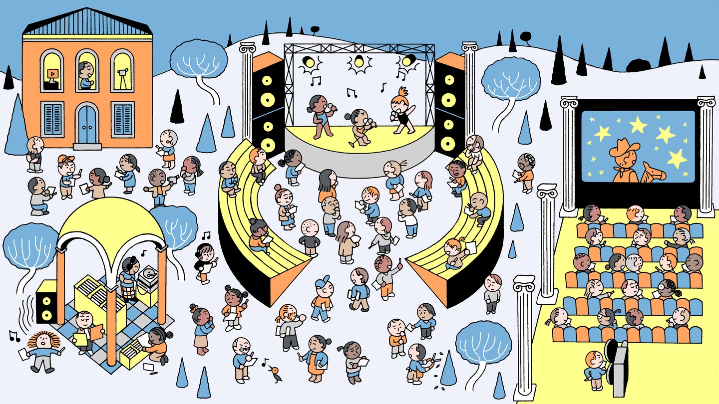 scene of many people reviewing music, performance and movies