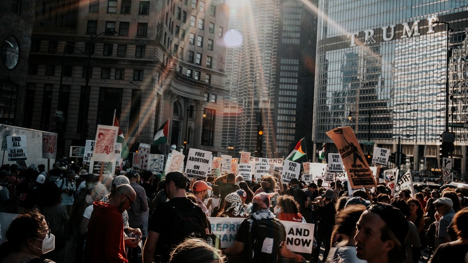 A photo of pro-Palestinian protesters at the DNC in Chicago.