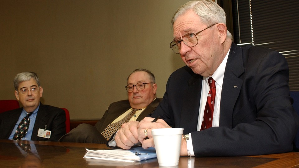 D.A. Henderson, right, speaks at the University of Arkansas for Medical Sciences about the risks of bioterrorism.