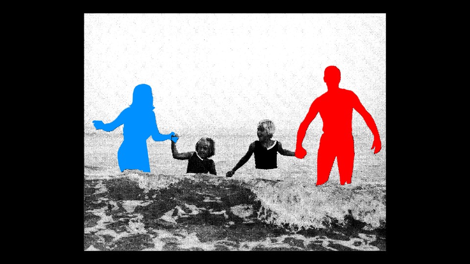 Illustration of a red silhouette and a blue silhouette holding hands with two children