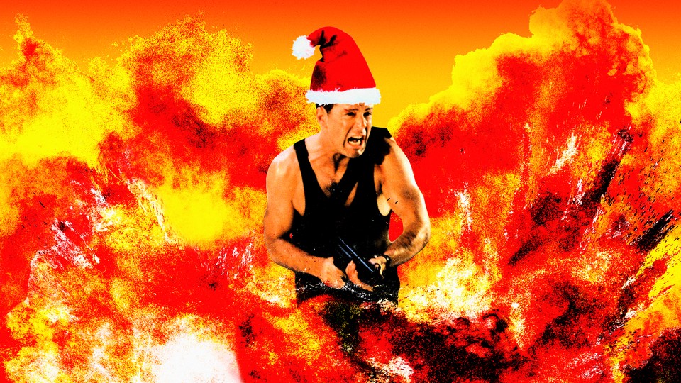 An image of John McClane from Die Hard wearing a Santa hat, surrounded by explosions.
