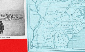 A photo collage of a map of the Mid-Atlantic and a photo of a native village in South Dakota.