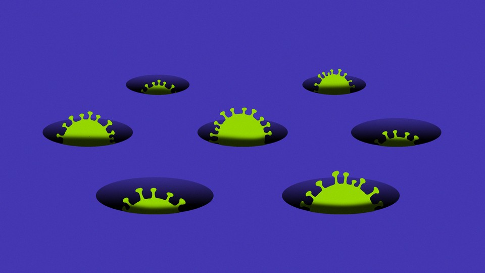 Coronavirus particles in a whack-a-mole configuration