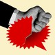 A photo illustration of a fist punching a speech bubble