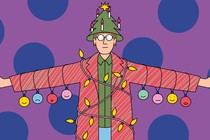 Illustration of a person wearing a green-and-red striped jacket with their arms held perpendicular to their body. Ornaments with different facial expressions hang from their arms. The person is wrapped in Christmas lights, and wearing a Christmas-tree hat.