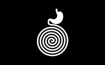 black-and-white graphic illustration of a stomach whose small intestine leads into a hypnotic spiral