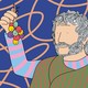 Illustration of an older man in a robe holding up a colorful bunch of grapes with smiley faces on them