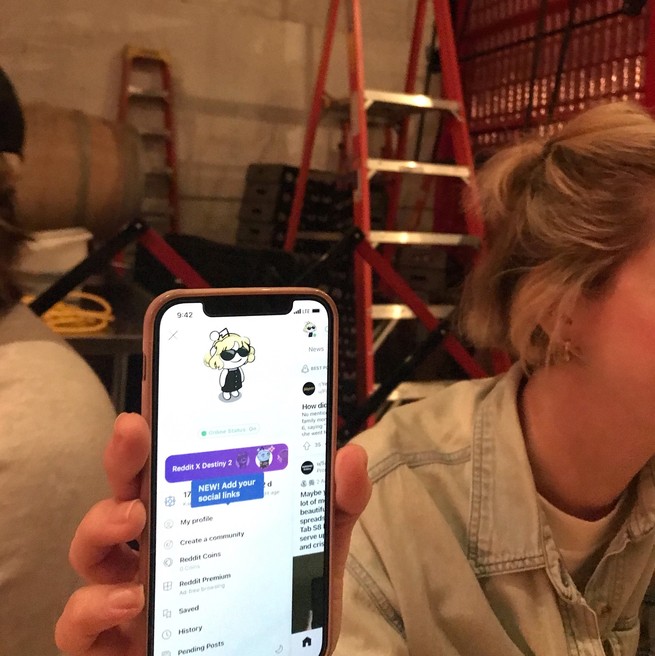 Woman holding up phone displaying Reddit user profile.