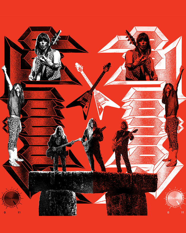 collage-style illustration with black and white mirror images of the Spinal Tap logo, guitars, and band members over trio standing on top of Stonehenge, with red background