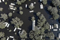 An aerial photograph of a flooded trailer park