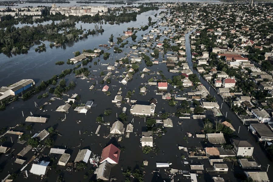 An aerial view of a flooded area of a city