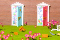 An illustration with two half-open doors in a brick wall, one red and one blue.