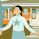 An illustration of a girl holding hands with her parents while her grandmother looks on from the distance.