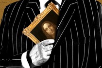 A photo-illustration showing a person in a business suit slipping Leonardo da Vinci's painting "Salvator Mundi" behind their coat lapel