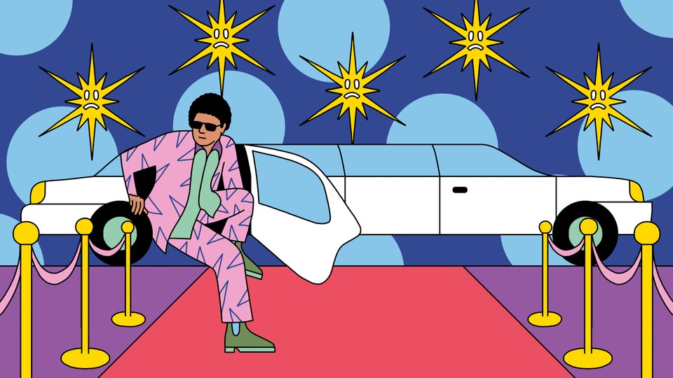 An illustration in which a person in a colorful suit exits a limousine onto a red carpet, with frowny-faced camera flashes in the background