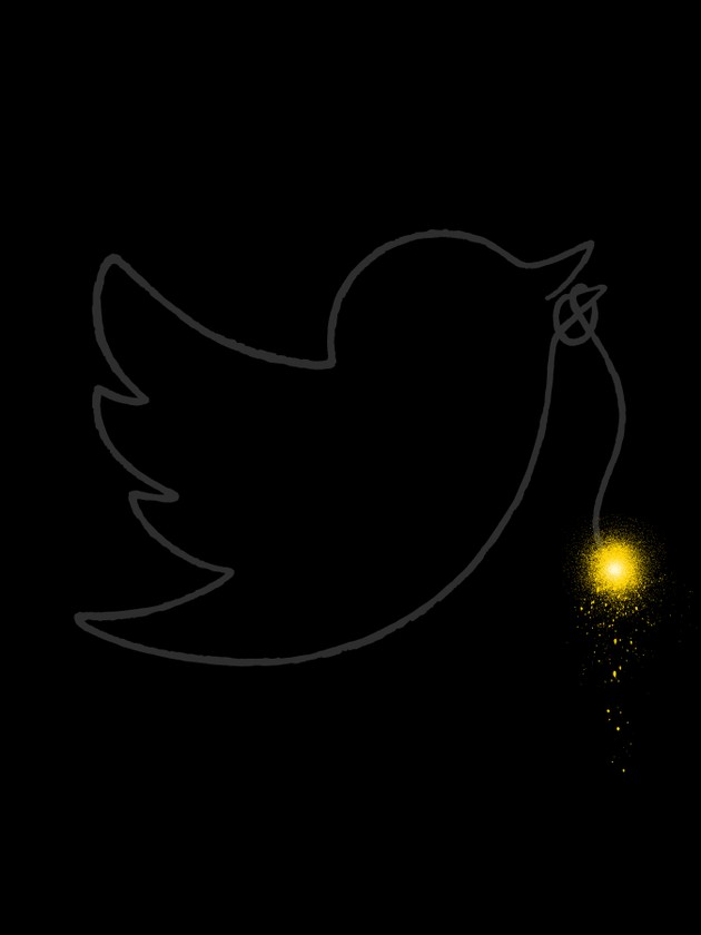 The twitter bird figure outlined by a lit fuse