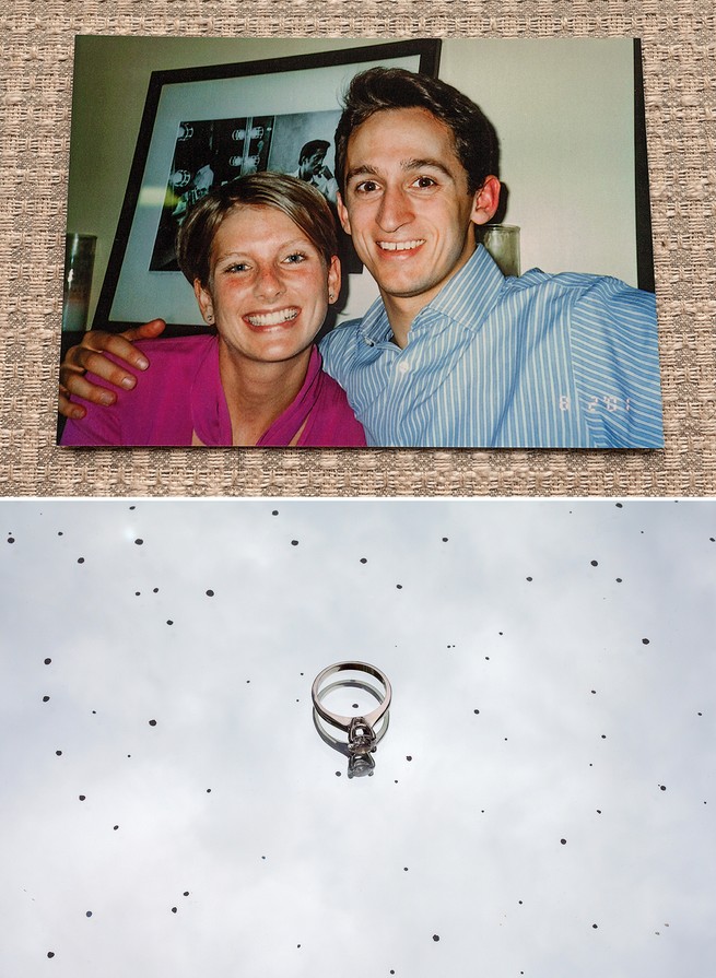 Top photo: Jen and Bobby in 2001; bottom: the engagement ring on a mirrored surface