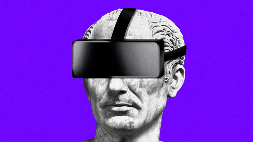 Illustration of a statue wearing a virtual-reality headset.