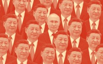 A photomontage of many Xi Jinping faces and one Vladimir Putin face